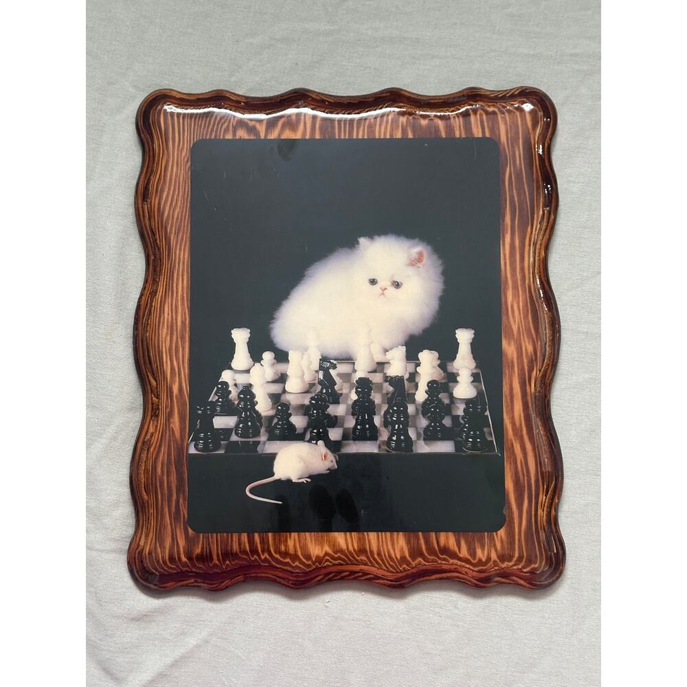 Vintage White Fluffy Persian Cat Playing Chess w Mouse Lacquered Print on Wood